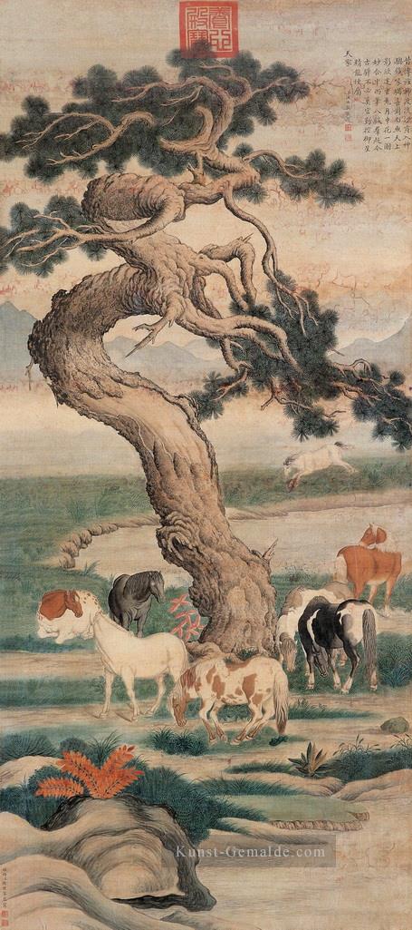 Lang glänzend acht Pferde unter Baum Kunst Chinesische Ölgemälde
